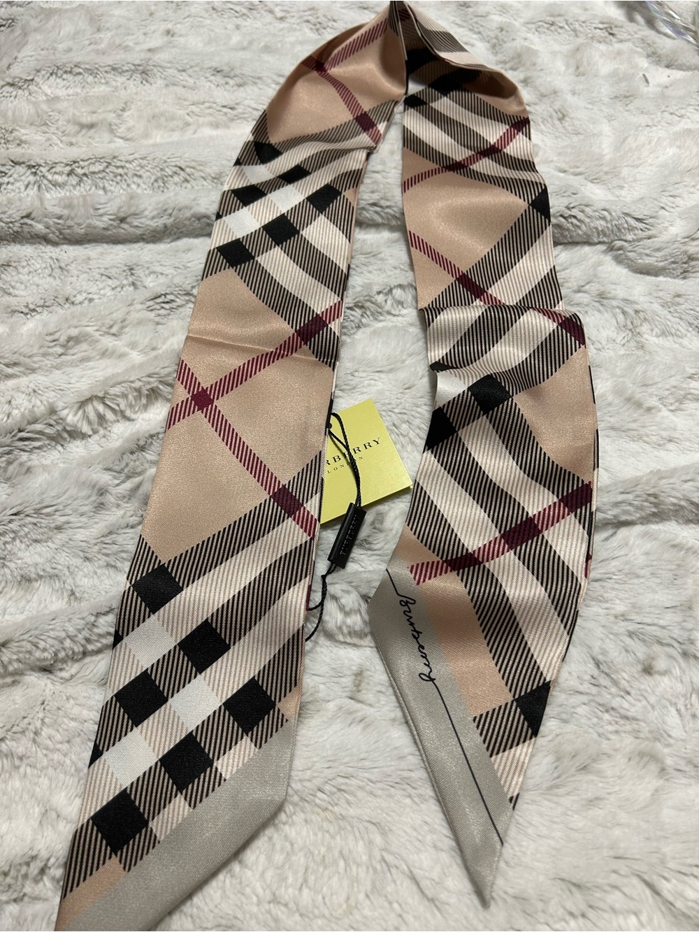 Beige Plaid Silk Twilly Scarf - Beige/Black/Red